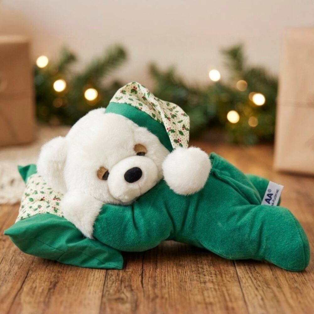 VTG Christmas Plush Sleepy Eyes Teddy Bear Green Pajamas Cap Pillow Holly 13”